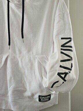Calvin Klein White Hoodie with Black Sleeve Logo and Drawstrings